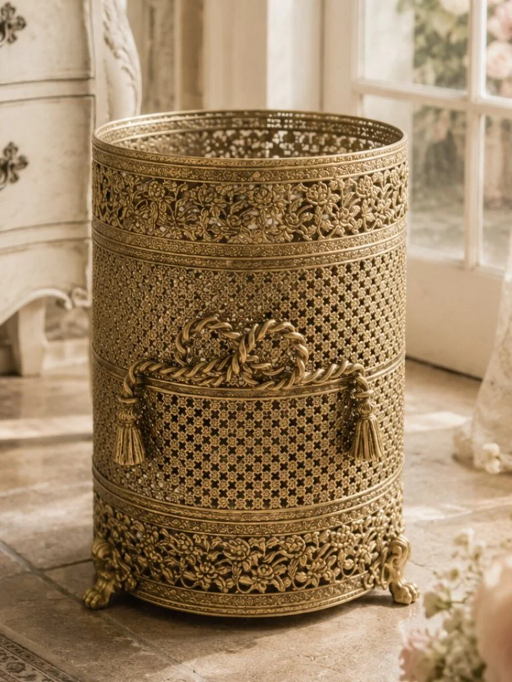Rare Vintage Filigree Ornate Waste Basket Cover Hollywood Regency Style